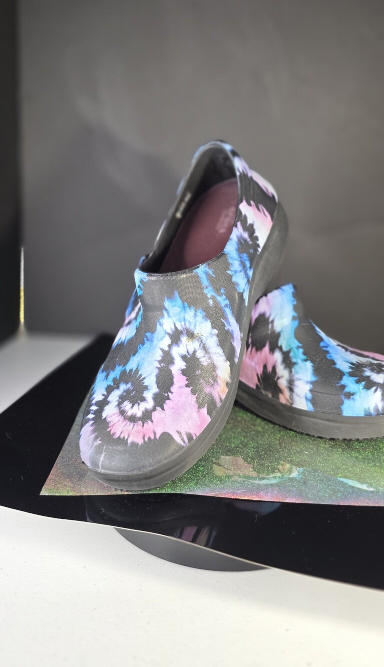 CROCS Tie-Dye Slip-On Clogs in Black, Blue & Pink